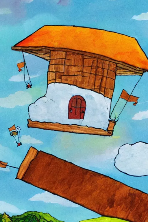 Image similar to a children's book illustration of an adventure cabin flying through the clouds