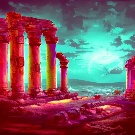 Prompt: neon ancient ruins in the sea, retrowave art,digital art,trending on art station