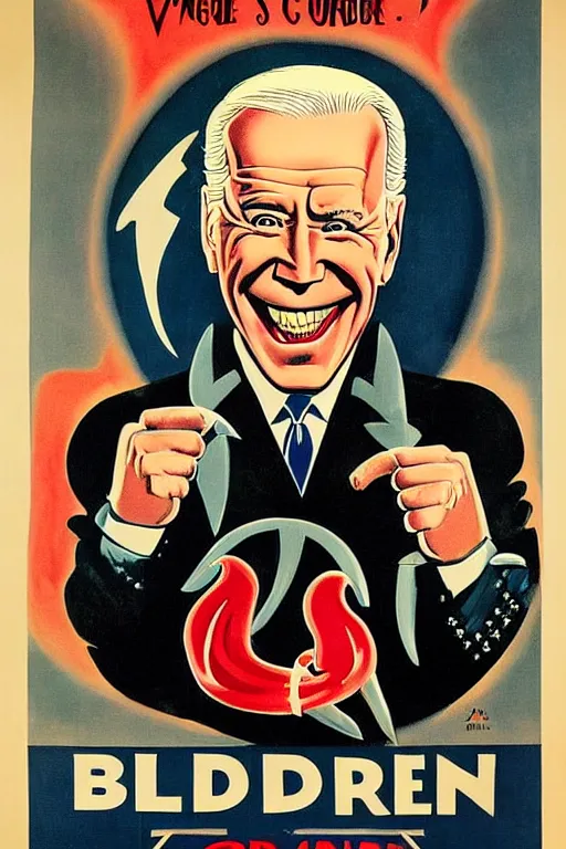 Image similar to joe biden!!!!! propaganda poster by miguel covarrubias! smile, creepy!, joe biden as satan!!! devil worshiper!!! ink print press, ww 2 poster,, iconic, masterpiece, ornate and detailed, propaganda, award winning