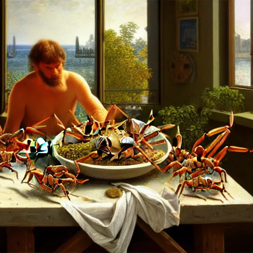 Image similar to crabs and humans in a bowl!!!!!!!!! by Lajos Berán, Albert Bierstadt, Robert Henderson Blyth, Claude Bonin-Pissarro, Sandro Botticelli, unreal Engine Fantasy Illustration. award winning, Artstation, Hyperdetailed, 8k resolution