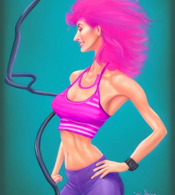 Prompt: female jazzercise instructor, perfect face, 1 9 8 0 s hairsprayed hair, hot pink halter top, flowing hair, fit, cinematic, blush, stunning, agile, highly detailed, digital painting, artstation, smooth, hard focus, illustration, art by jessica rossier and and brian froud