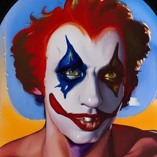 Prompt: photorealistic picture, by bob peak and alex ross, shirtless clown, gouache and wash paints, fine details, fine intricate, fine facial proportionate, fine body proportionate, fine fix broken line, fine fix duplicate line, fine background proportionate, smooth focus, sharp details, bokeh, 4 k, fine 5 k details