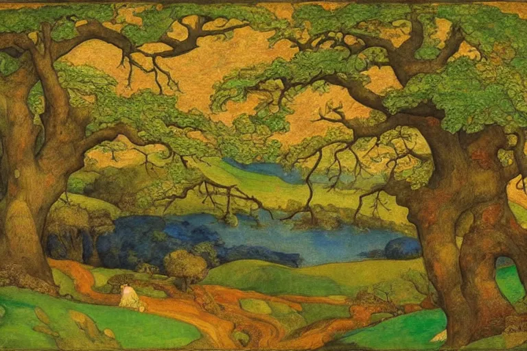 Image similar to masterpiece painting of oak trees on a hillside overlooking a creek, dramatic lighting, by phoebe anna traquair