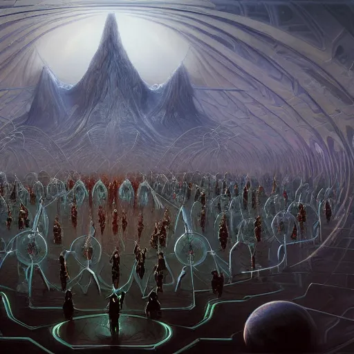 Image similar to a quantum computer, a dark cabal of multiple hooded elven mystics in long robes gathered in a circular formation around a quantum computer, highly advanced technology, dan seagrave, michael whelan art, beautifully detailed epic scifi fantasy art, symmetrical, cgsociety, artstation