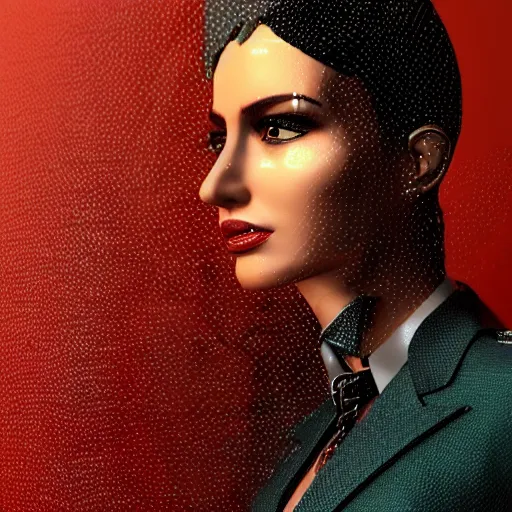 Image similar to stylish woman cartoon portrait made out of rain, pinstripe suit, cyberpunk background, rendered in octane, unreal engine, highly detailed, trending on artstation, realistic, neon, beautiful