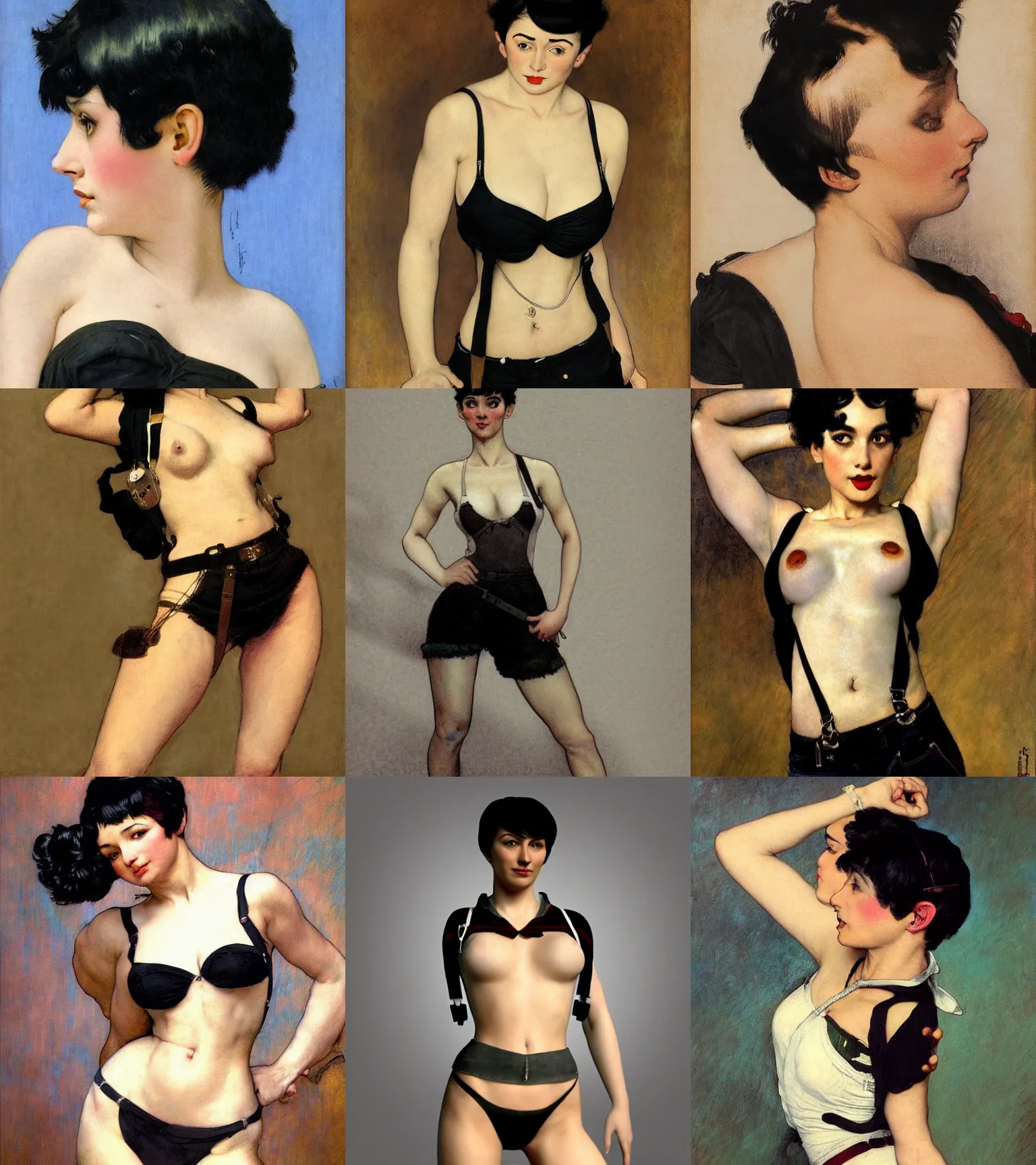 Prompt: a woman with black hair pixie cut in shorts with suspenders drawn by dominique ingres, norman rockwell, frank frazetta, peter paul rubens, alphonse mucha, gustav klimt 4k, unreal 5, DAZ, french noveau, trending on artstation, octane render, hyperrealistic