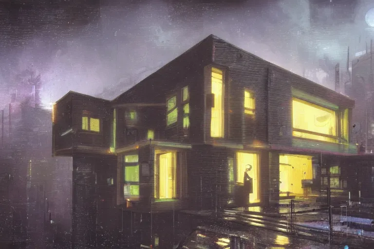 Prompt: an estate agent listing photo, external view of a 5 bedroom detached cyberpunk house in the UK, by Paul Lehr