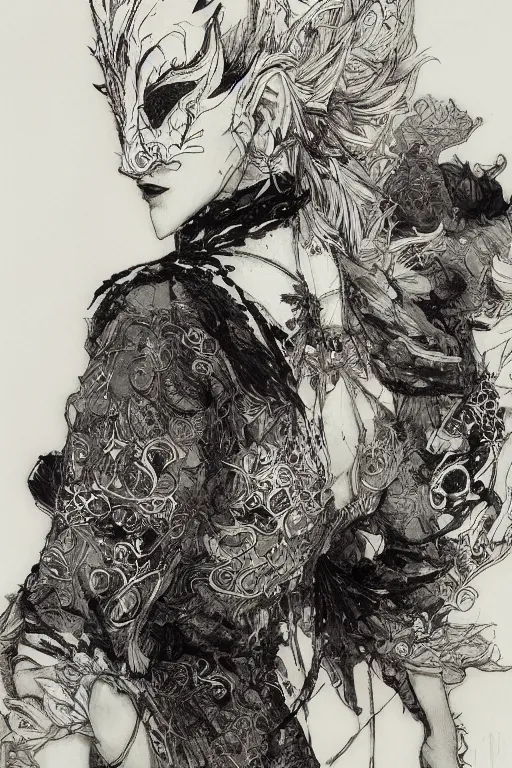 Image similar to portrait of a girl in kitsune demon fox mask and black suit, pen and ink, intricate line drawings, by craig mullins, ruan jia, kentaro miura, greg rutkowski