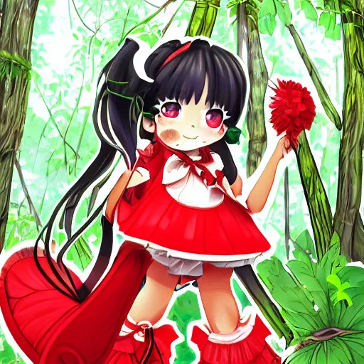 Image similar to a digital drawing of reimu in the jungle wearing bonnet