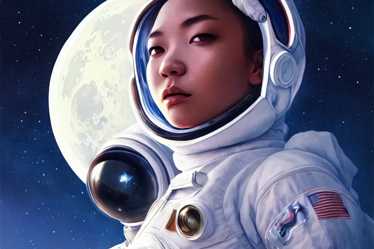 Prompt: portrait of cl rapper in a spacesuit frowning, moon base with earth in the night sky, artgerm, ilya kuvshinov, krenz cushart, ruan jia, realism, ultra detailed, 8 k resolution