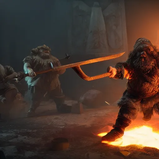 Image similar to a cinematic shot of a dwarf berserker swinging axes, fighting monsters, octane render, hyperreal, 8 k