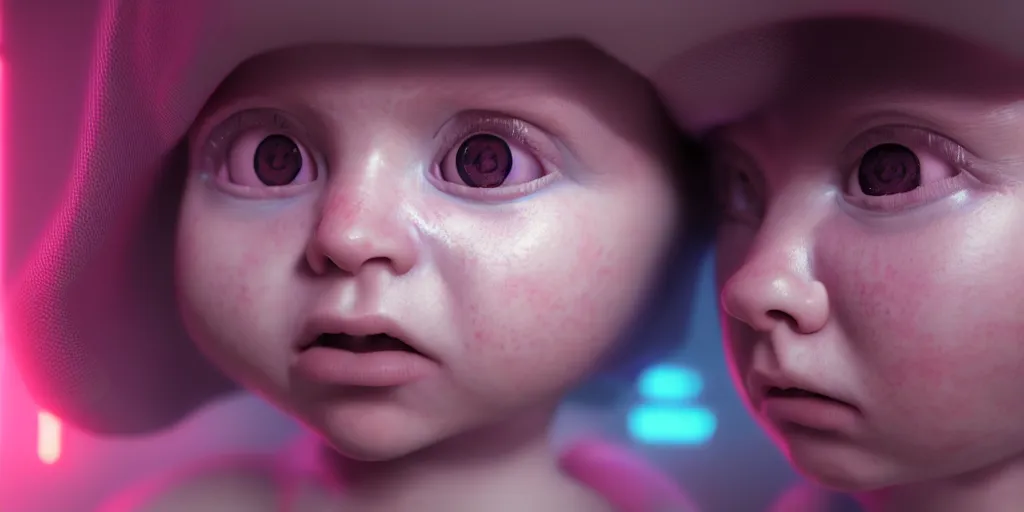 Image similar to realistic portrait of a cyberpunk baby, octane render, coherent, cinematic, highly detailed, 8k,