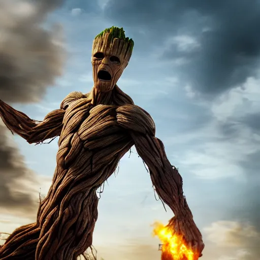 Prompt: colossal!! titan!! groot!! destroying tokyo city, muscular, fit, 1 0 0 mm, trending on behance, photorealistic, hyper realism, movie shot, studio lighting, 8 k