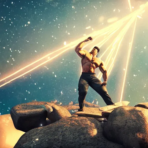 Prompt: man lifting on top of mountain with big muscles, aesthetic fireflies, stars, natural lighting, god rays, octane render, super detailed, 8 k