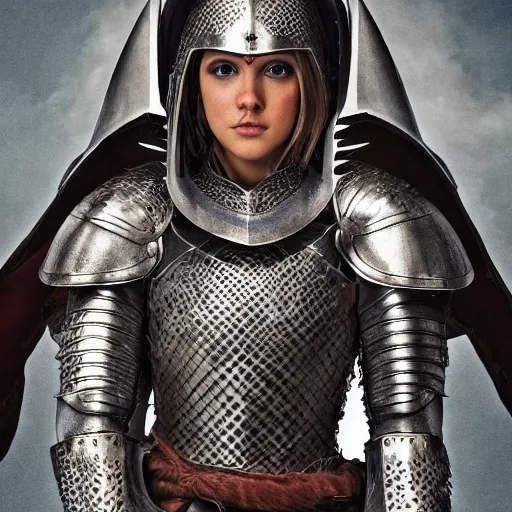 Image similar to a beautiful unexperienced female knight in a light armor who only came to see a dragon, symmetrical, cinematic, real photography