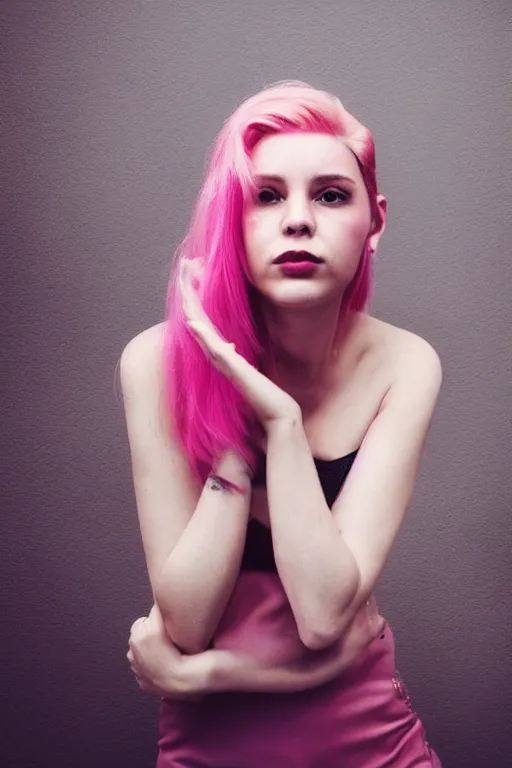 Image similar to a woman with pink hair is posing for a picture, a portrait by Valéria Dénes, pexels contest winner, neo-dada, studio portrait, sensual, hd