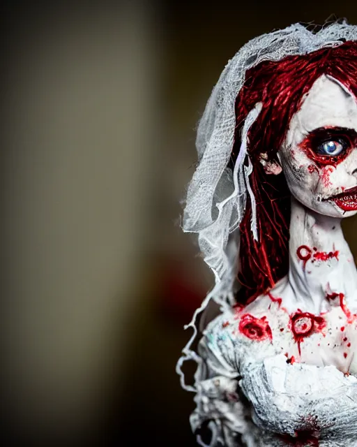 Image similar to a paper mache doll of a zombie bride, realistic, very detailed, complex, intricate, studio lighting, bokeh, sigma 5 0 mm f 1. 4