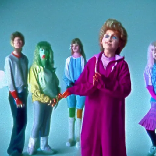Prompt: still from 1988 live-action children's tv show about a middle-aged woman who enters an eyeball cult color