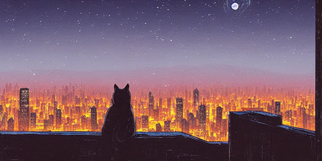 Image similar to A cat overlooking a city at night by Alena Aenami