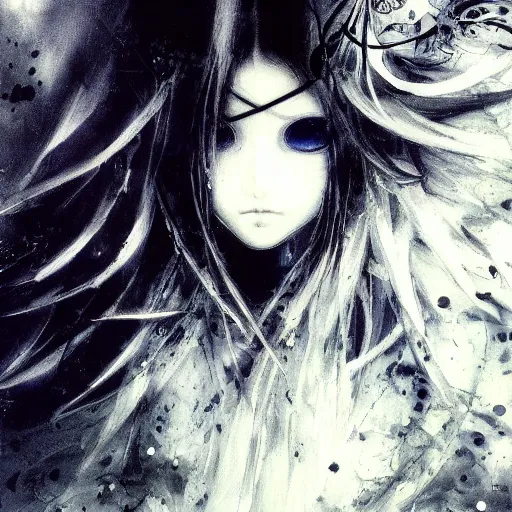 Image similar to Yoshitaka Amano blurred and dreamy illustration of an anime girl with pirate eye patch, wavy white hair and cracks on her face wearing Elden ring armour with the cape fluttering in the wind, abstract black and white patterns on the background, noisy film grain effect, highly detailed, Renaissance oil painting, weird portrait angle