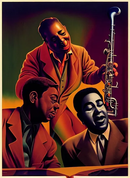 Prompt: Charlie Parker and Dizzy Gillespie in a Harlem nightclub in 1948, !dream hyper detailed 3d render like a Oil painting, aerochrome by Jacek Yerka, Ilya Kuvshinov, Mariusz Lewandowski, Houdini algorithmic generative render, Masterpiece, Edward Hopper and James Gilleard, Zdzislaw Beksinski, Mark Ryden, Wolfgang Lettl, hints of Yayoi Kasuma, octane render, 8k