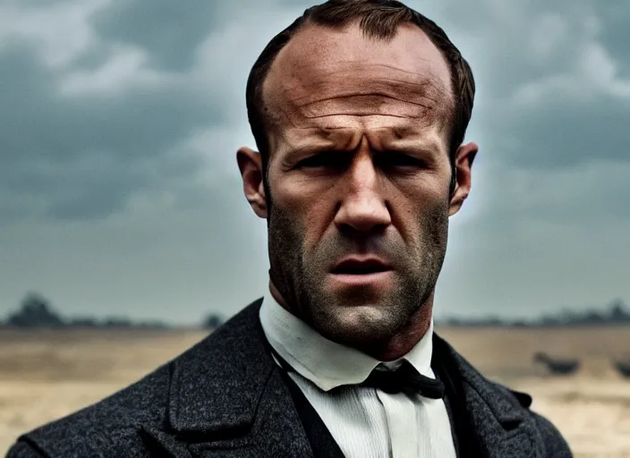 Image similar to film still of Jason Statham!!! as Thomas Shelby in Peaky Blinders, 4k