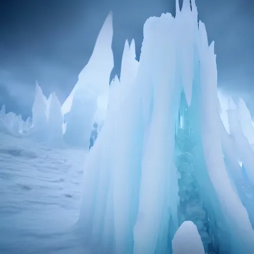 Image similar to large cloudy ice stalagmite on snow in game of thrones, 4 k, epic, cinematic, focus, movie still, fantasy, extreme detail, atmospheric, dark colour, sharp focus