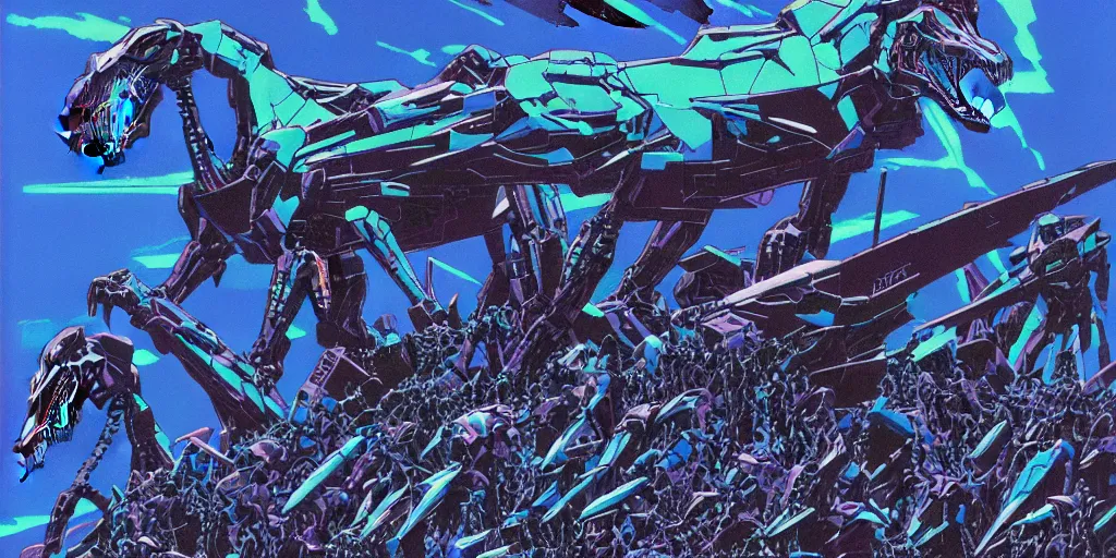 Image similar to risograph rendition of extremely - detailed black gigantic evangelion - like dinosaur mecha with a lot of blue children heads on it, ominous, intricate complexity, dramatic, epic composition, atmospheric, painting by moebius