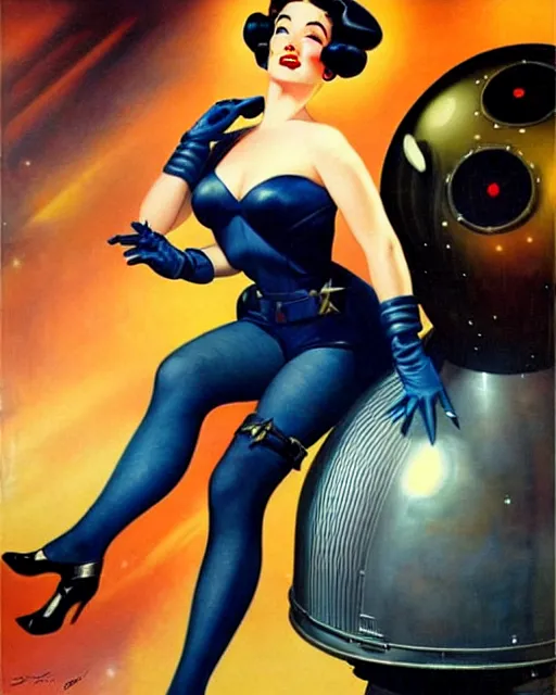 Image similar to retro space dita von teese varga girl posing on a space ship in dieselpunk city, windblown dark hair, retro pinup model, seductive, 1 9 4 0, hyper detailed, digital art, smooth, sharp focus, gil elvgren,