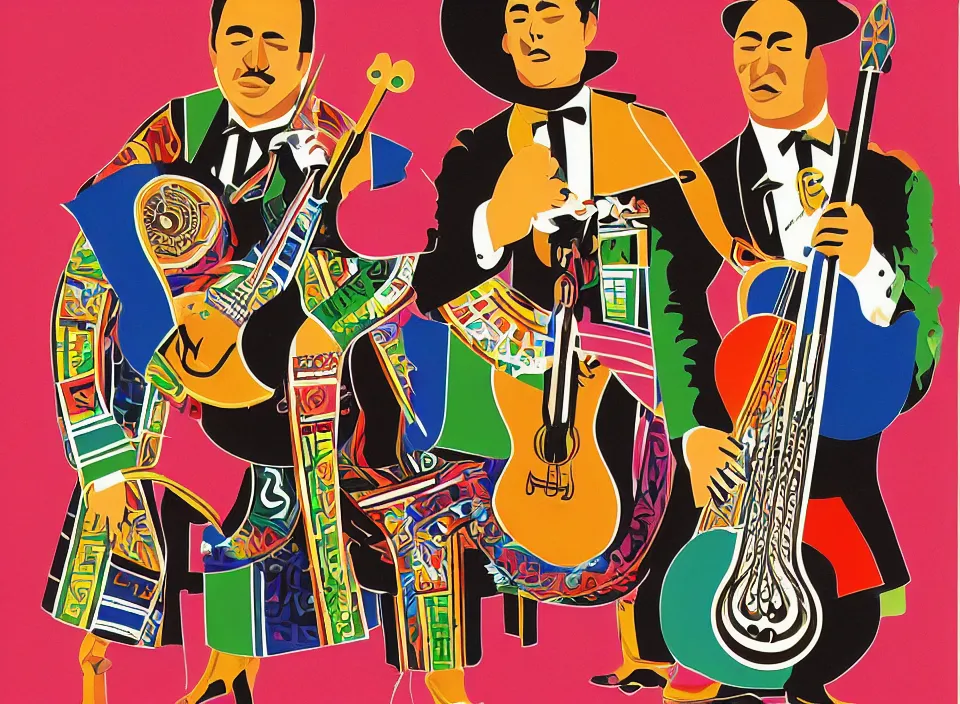 Image similar to graphic design of a mexican mariachi band by milton glaser and lilian roxon, detailed