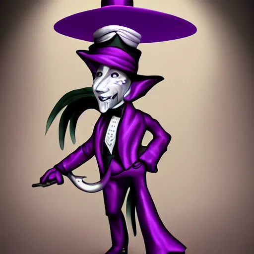 Image similar to a purple skinned tiefling wearing a white suit and tophat