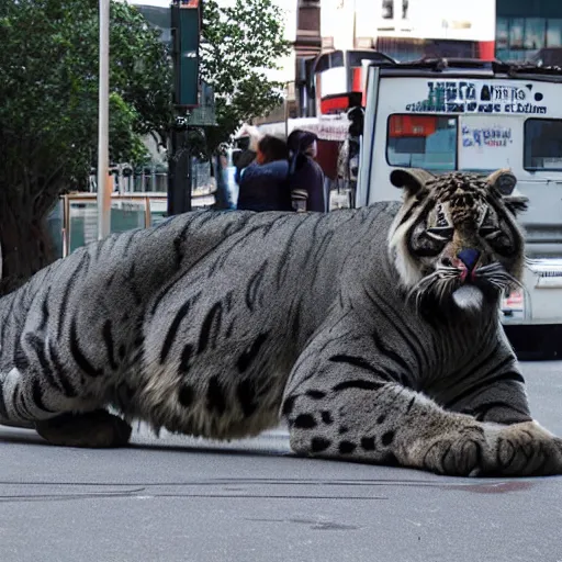 Prompt: very big cat, massive, attacking a city