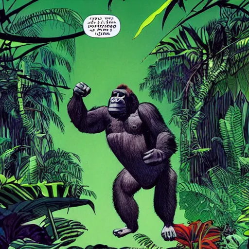 Image similar to Gorilla wearing t-shirt and shorts, background jungle, full body, graphic novel, by Ralph Bakshi, Dave Sim, Frank Quitely, Moebius, Jeff Smith,