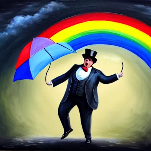 Image similar to 3 d concept art, realistic, of a excessively rotund man juggling twinkies, cycling upon a tight rope in the rain, at night, in a top hat and suit, holding a rainbow umbrella, oil painting, knife palette, with a jolly expression, misty, cobblestone background, victorian, masters painting