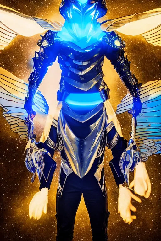 Prompt: full body celestial confident man in futuristic armor, blue glowing double Hummingbird wings, floating in air, beautiful lighting, comic book style