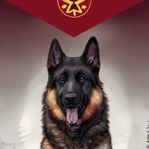 Image similar to german shepherd as supreme leader of north korea, intricate, elegant, highly detailed, digital painting, artstation, concept art, matte, illustration, hearthstone, art by artgerm and greg rutkowski and alphonse mucha, simon stalenhag, hyperreal