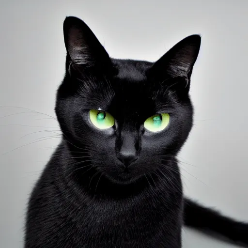 Prompt: national geographic photograph of a green eyed black cat sitting in a white room