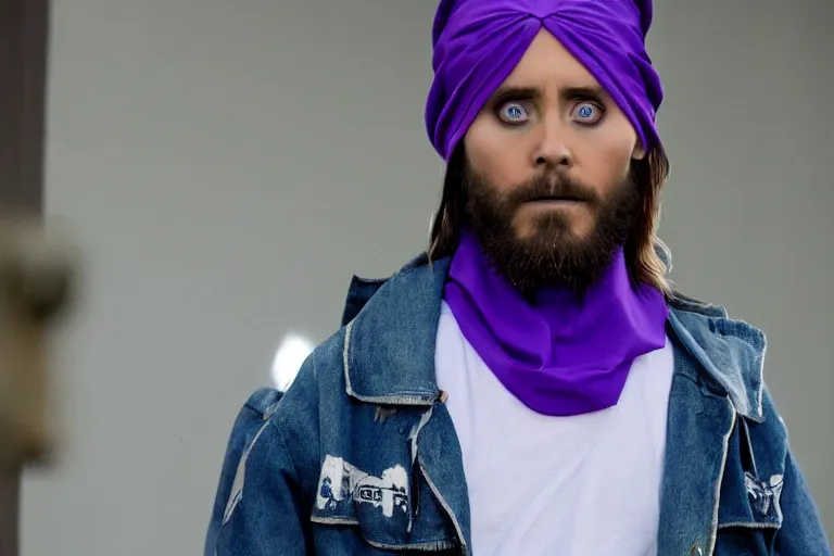 Prompt: medium full shot of jared leto as a white gang member wearing a purple head covering made from a polyester or nylon material and a white tank top outside a trap house in the new movie directed by ice cube, movie still frame, arms covered in gang tattoo, promotional image, critically condemned, top 1 5 worst movie ever imdb list, public condemned, relentlessly detailed