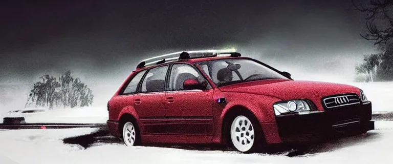 Image similar to Audi A4 B6 Avant (2002), a gritty neo-noir, dramatic lighting, cinematic, eerie person, death, homicide, homicide in the snow, gunshots, establishing shot, extremely high detail, photorealistic, red mist, red fog, chaos, arson, burning city, cinematic lighting, artstation, by simon stalenhag, Max Payne (PC) (2001) winter New York at night, In the style of Max Payne 1 graphic novel, flashing lights, Poets of the Fall - Late Goodbye