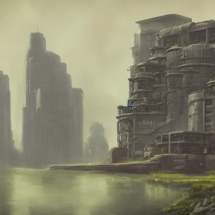 Image similar to a building in a serene landscape, dieselpunk