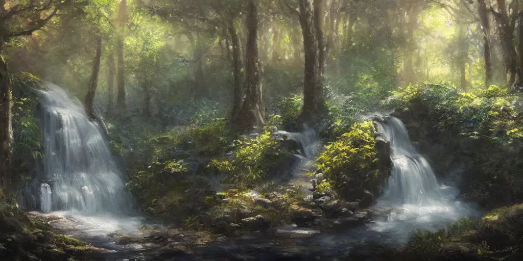 Image similar to a secret glade with waterfall, cinematic lighting, detailed oil painting, hyperrealistic, 8k