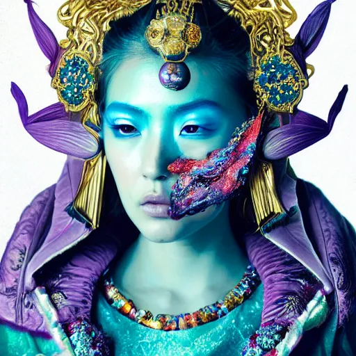 Image similar to a beautiful empress portrait, with a brilliant, impossible striking big cosmic galaxy headpiece, clothes entirely made out of cosmos chaos energy, symmetrical, dramatic studio lighting, rococo, baroque, jewels, asian, hyperrealism, closeup, D&D, fantasy, intricate, elegant, highly detailed, digital painting, artstation, octane render, 8k, concept art, matte, sharp focus, illustration, art by Artgerm and Greg Rutkowski and Alphonse Mucha