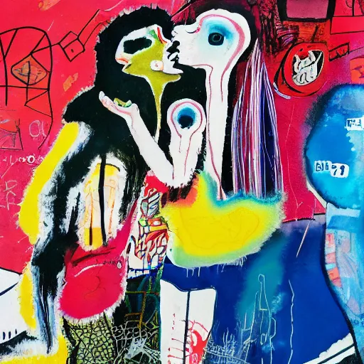 Prompt: watercolor painting of a closeup of two bizarre psychedelic women kissing in japan in winter, speculative evolution, mixed media collage by basquiat and jackson pollock, maximalist magazine collage art, sapphic art, psychedelic illustration