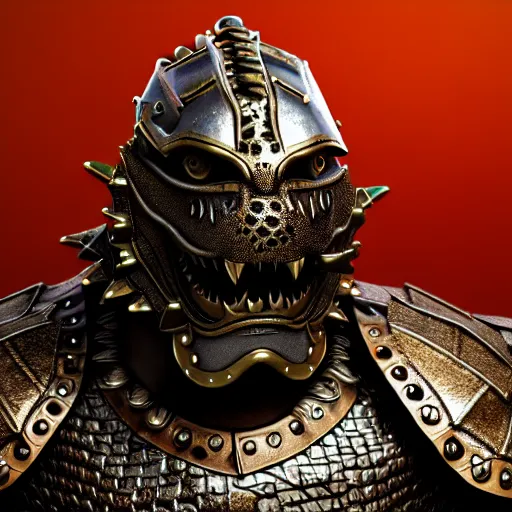 Image similar to warrior with metal crocodile themed armour, highly detailed, 4 k, hdr, award - winning, octane render, artstation