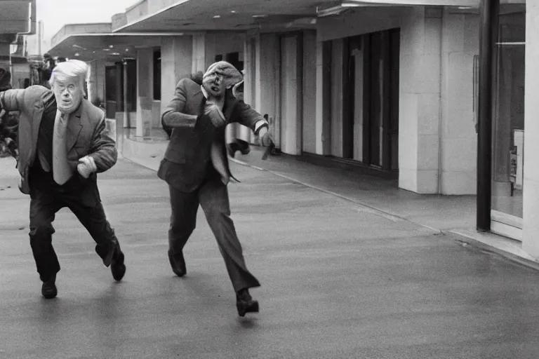 Prompt: dramatic cinematic bank robbers running out of bank wearing trump masks by Roger Deakins