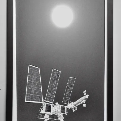 Image similar to a highly detailed graphite sketch of the international space station, with the sun reflecting off of it's windows, various refining methods