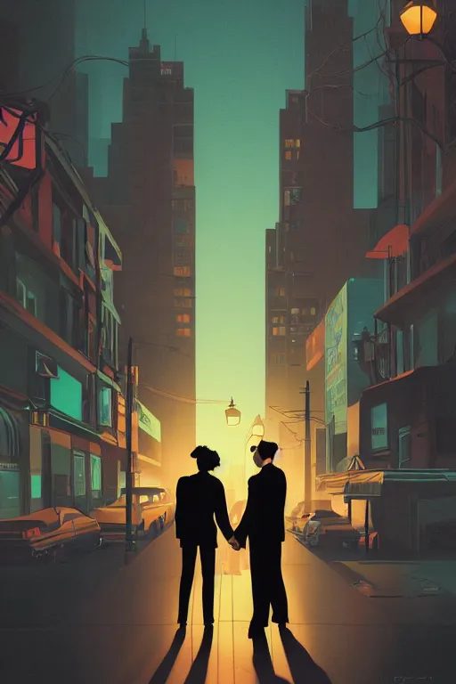 Prompt: Pulp book cover Noir dynamic dutch angle Twin Peaks book movie poster artwork by Tomer Hanuka Rendering of two lovers embrace in the long shadows cast by the streetlight in secret as a dark presence looms, full of details, by Makoto Shinkai and thomas kinkade, Matte painting, trending on artstation and unreal engine