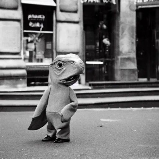 Prompt: a real photo by saul leiter of a small anthropomorphic dinosaur wearing a suit and standing in paris while holding a baguette