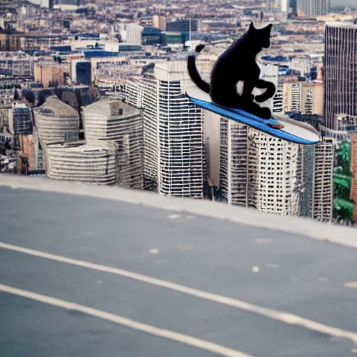 Image similar to cat flying over the city on a skateboard