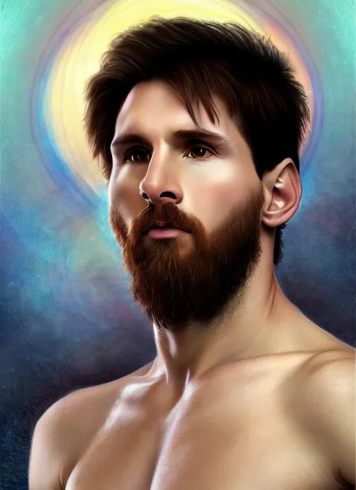 Image similar to portrait lionel messi male beautiful angel, full length shot, shining, 8 k highly detailed, sharp focus, illustration, art by artgerm, mucha, bouguereau